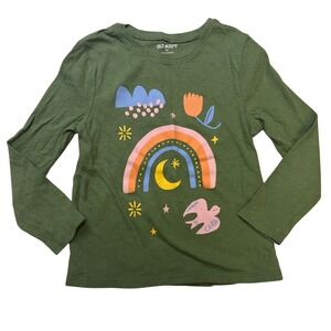 Old Navy Girls Long Sleeve Tee 4T Rainbow Bird Graphic Olive Green Cotton